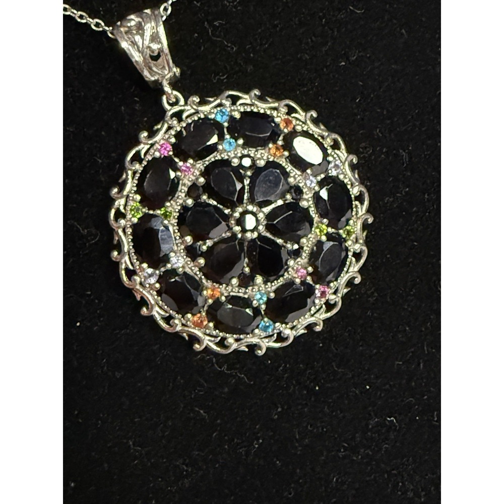 Sterling Silver Pendant Necklace Multicolor Stones Fine Jewelry Black 925